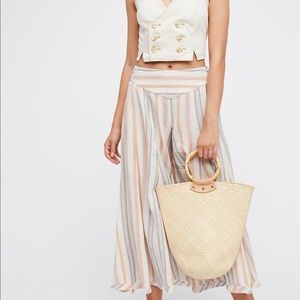 Free People Striped Wide Leg Linen-Blend Pants in Cream, Peach & Gray